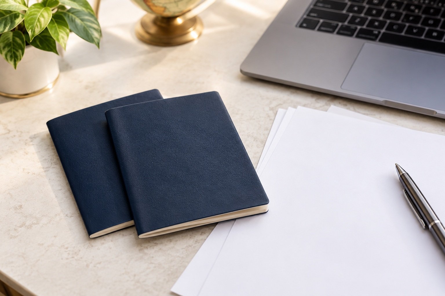 Unbranded travel documents and paperwork arranged beside a laptop